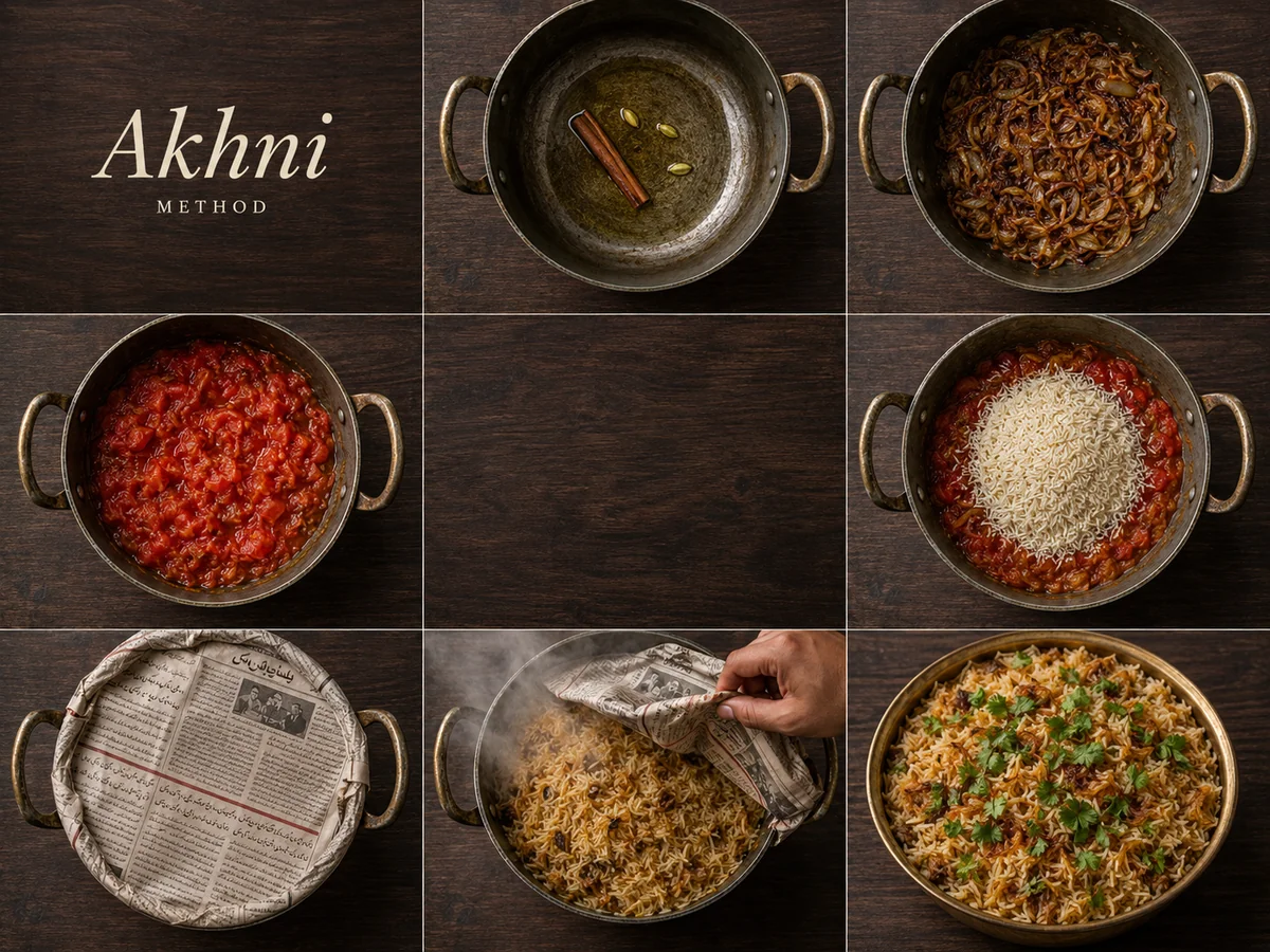 Akhni method, seven steps shown together: oil with whole spices, onions caramelising, tomatoes breaking down, rice added, newspaper lid on the pot, steam on plating, the finished bowl garnished with coriander