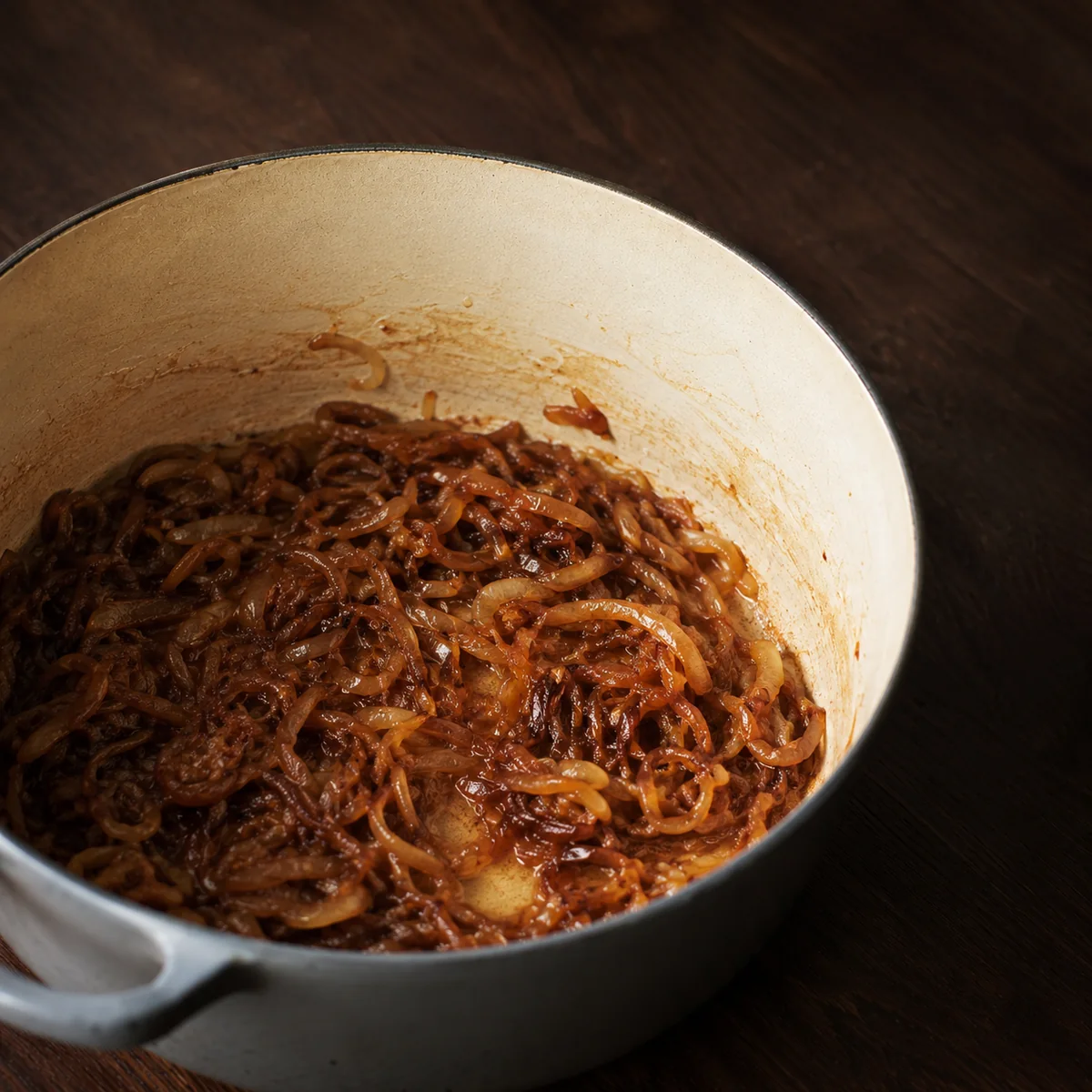 Two onions finely sliced and cooked down to a deep mahogany caramel in the spiced oil