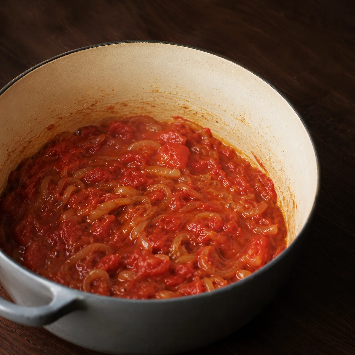 Three ripe tomatoes collapsing into a vivid red sauce on top of the caramelised onions