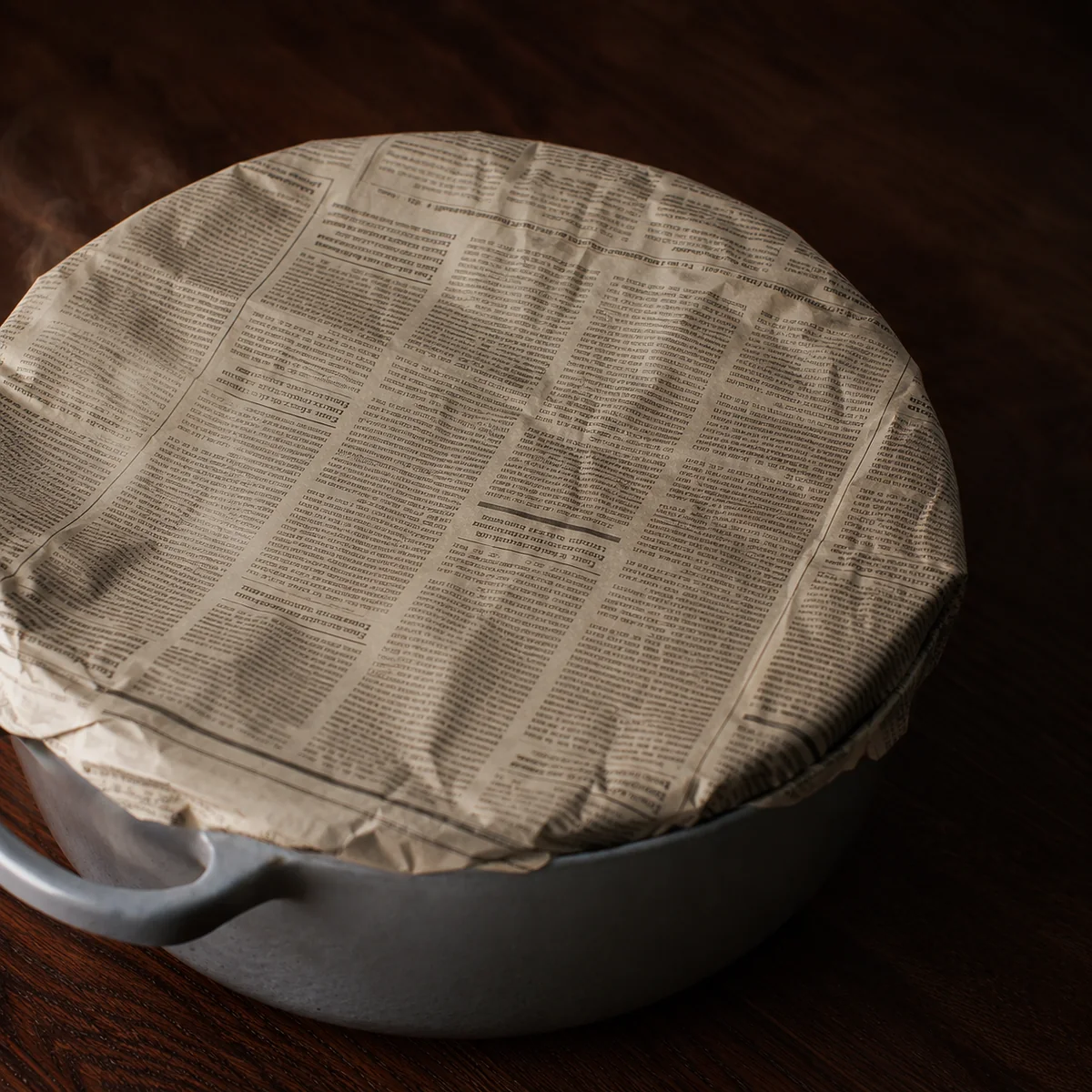 A sheet of paper draped across the top of a heavy enamel pot, sealing it for the rice rest