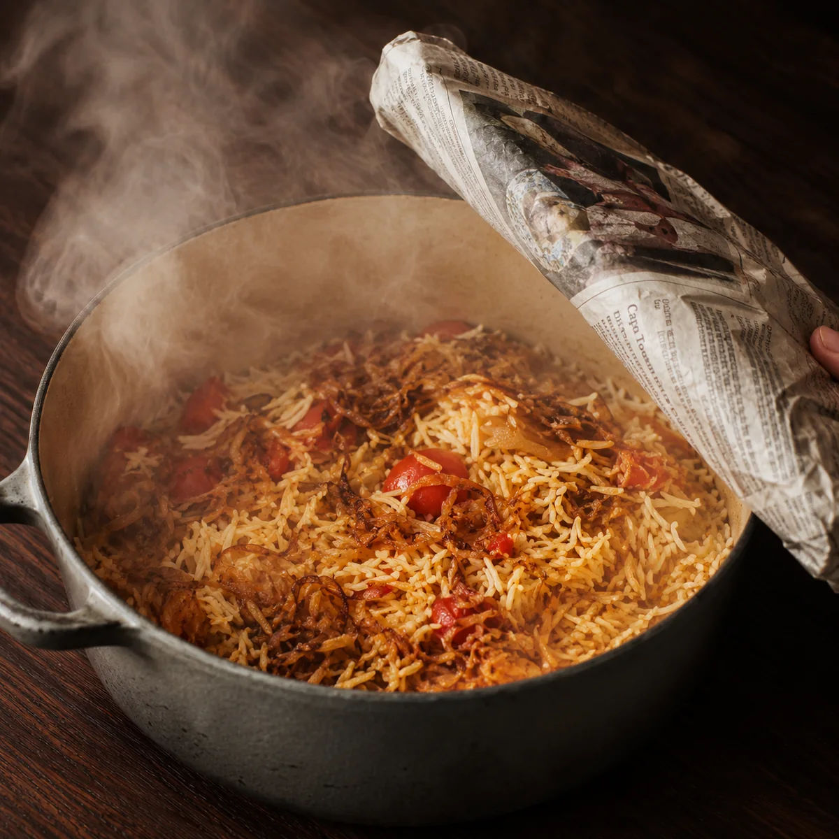 The newspaper lid being lifted to reveal a rush of fragrant steam rising from the cooked rice