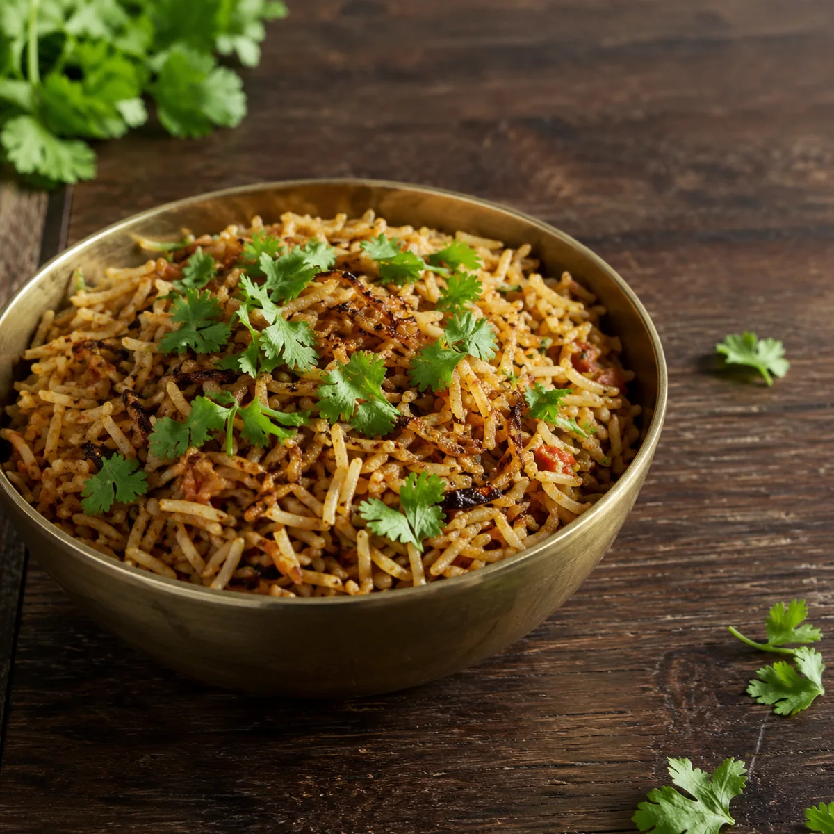 The finished akhni in a brass bowl, scattered with torn fresh coriander leaves, ready to serve