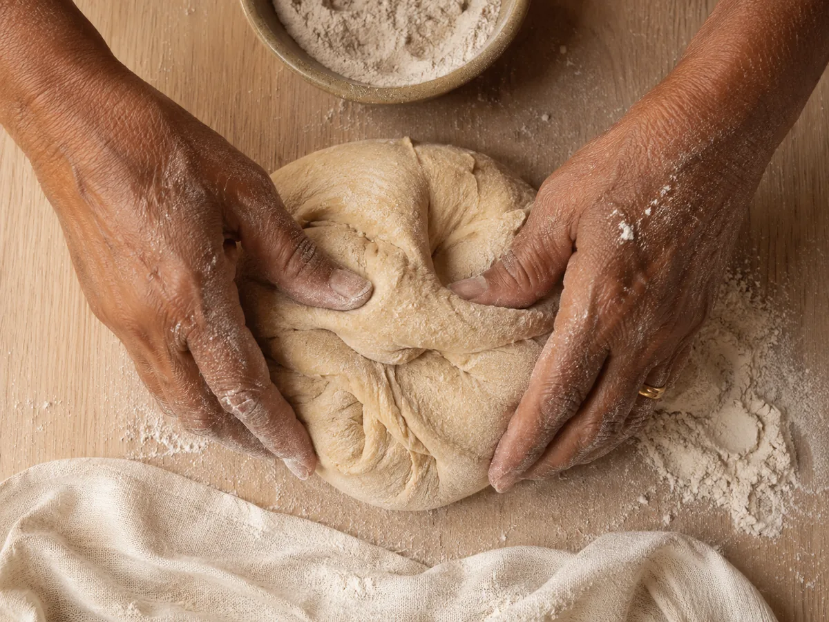 Two hands kneading roti dough on a wooden board