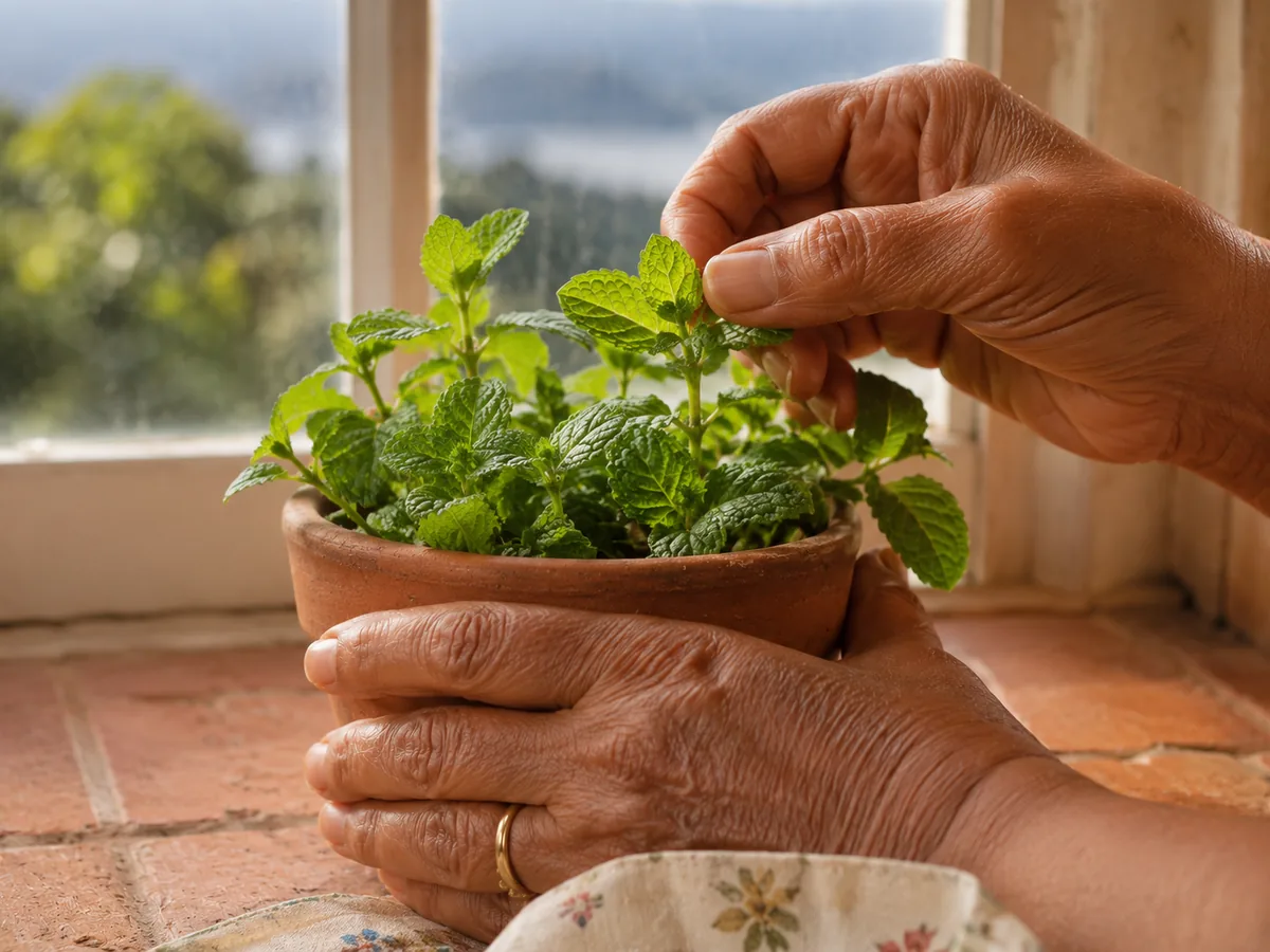 Two hands picking fresh mint from a small terracotta pot on the windowsill