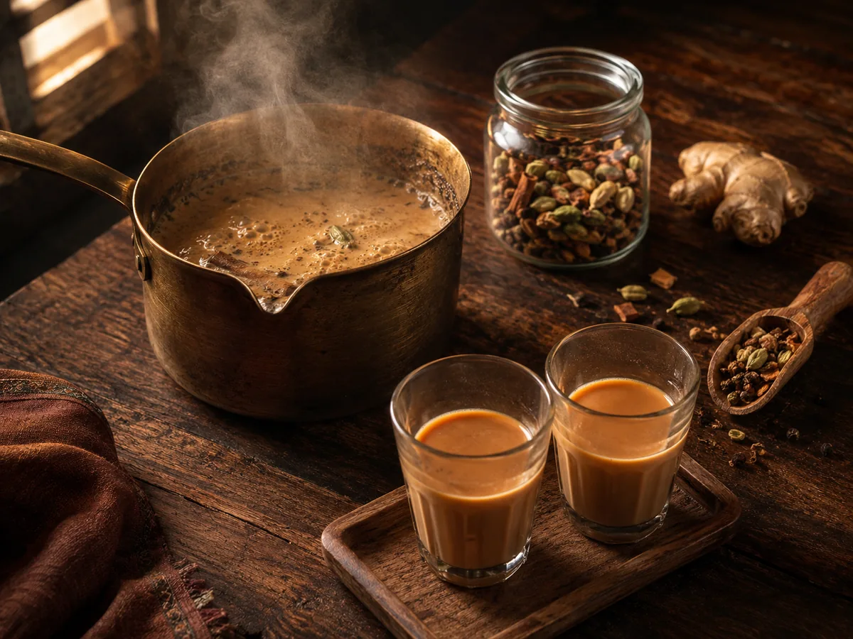 A dark brass saucepan of simmering chai with steam rising, two small glass cups of chai on a wooden tray, an open jar of whole chai-masala spices alongside.
