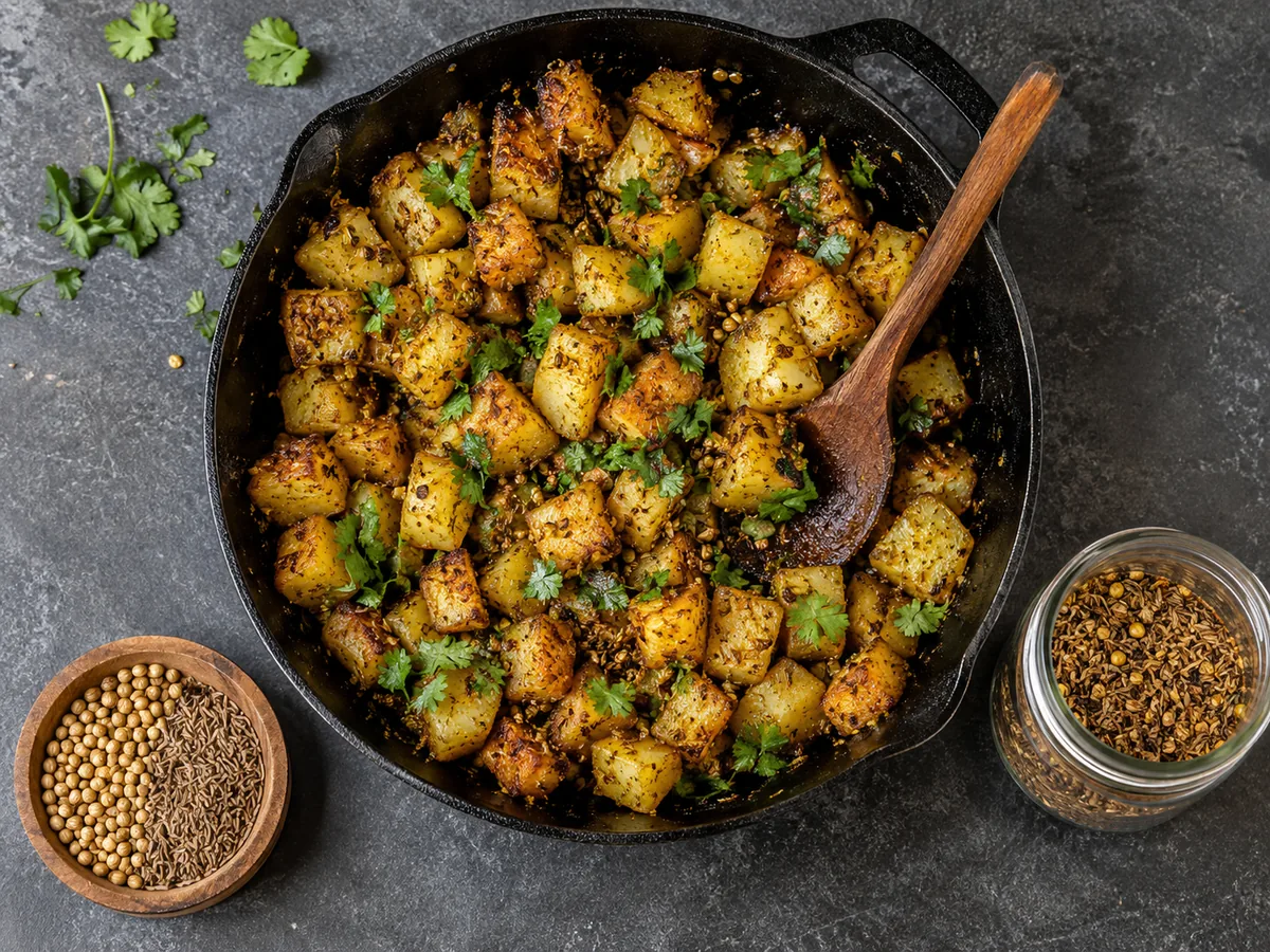 A cast iron skillet of golden cumin-and-coriander potato fry with fresh coriander, alongside a jar of toasted dhana-jeera mix and a bowl of whole coriander and cumin seeds.
