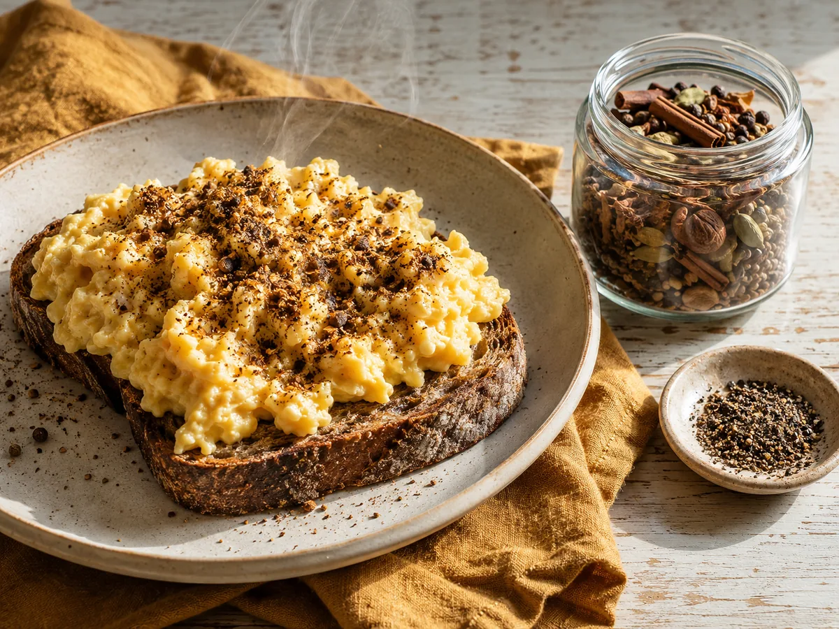 Soft scrambled eggs on dark sourdough toast, garam masala scattered across the surface, an open jar of the spice blend beside the plate.