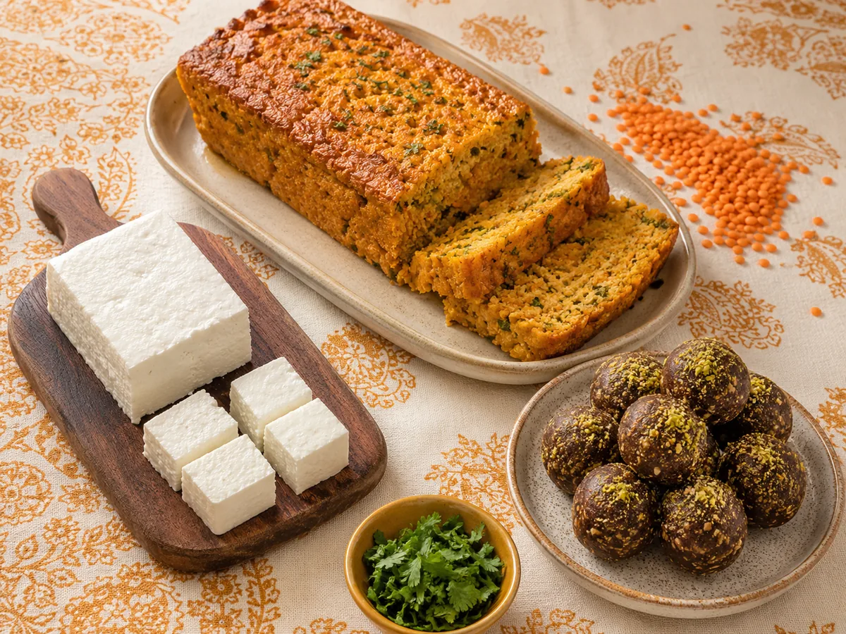 A red lentil loaf sliced on a platter, a wooden board of cubed fresh paneer, and a small plate of pistachio-rolled date sweets, on a saffron block-print cloth.