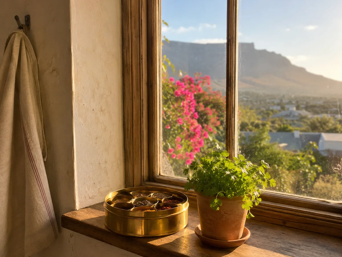 A Cape Town kitchen window in late afternoon, brass spice tin and fresh coriander on the sill, soft view of a fynbos garden beyond