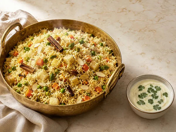 Akhni rice with peas, carrots, cinnamon and cardamom in a brass kadai, served with savoury lassi alongside.