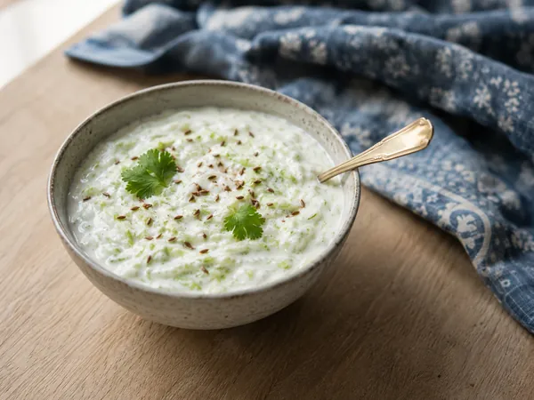A small ceramic bowl of cucumber raita topped with toasted cumin seeds and fresh coriander leaves, indigo block-print cloth alongside.